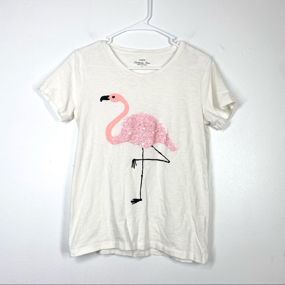 J CREW Flamingo Textured Collection Tee Graphic Beachy Tropical Sequins Small